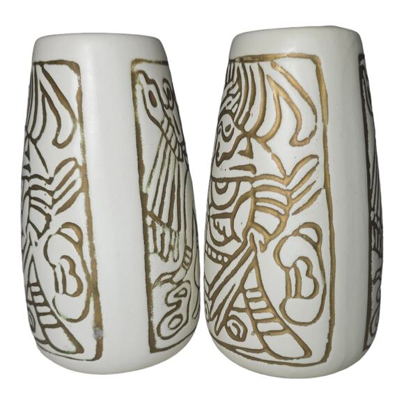 Vintage Mid-Century Mayan Aztec Native Design Vase Pair Cream Gold USA Made - Picture 4 of 16